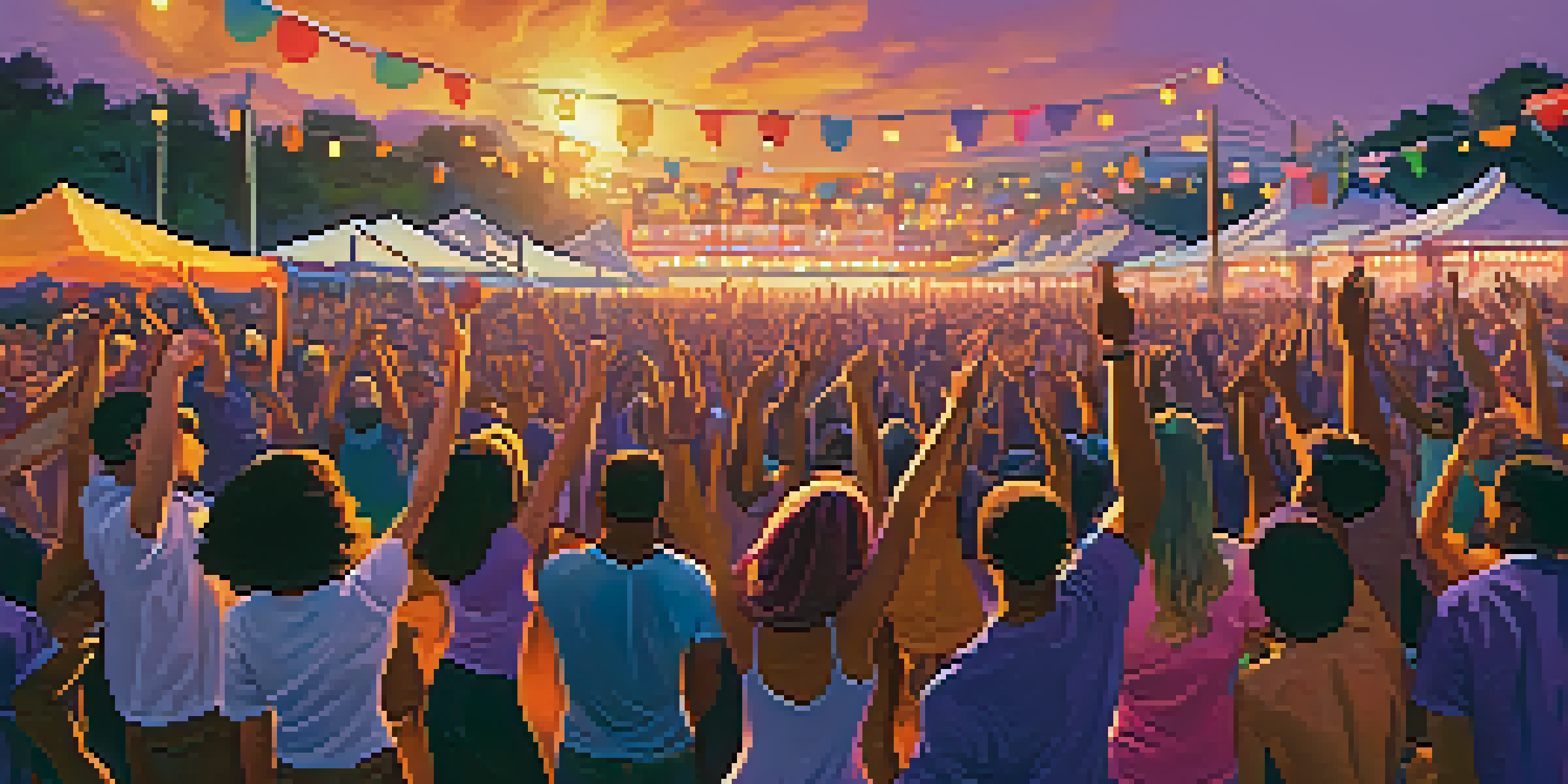 A lively outdoor music festival at sunset, with a colorful crowd dancing and enjoying the performance under a vibrant sky.