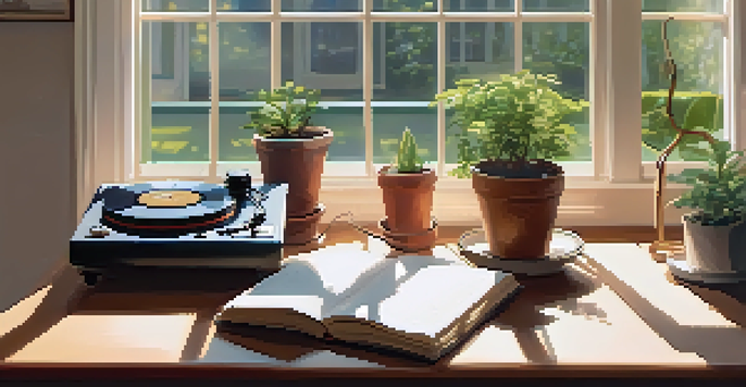 A warm study space with a wooden desk, notebook, tea cup, and a record player, illuminated by sunlight and adorned with plants.