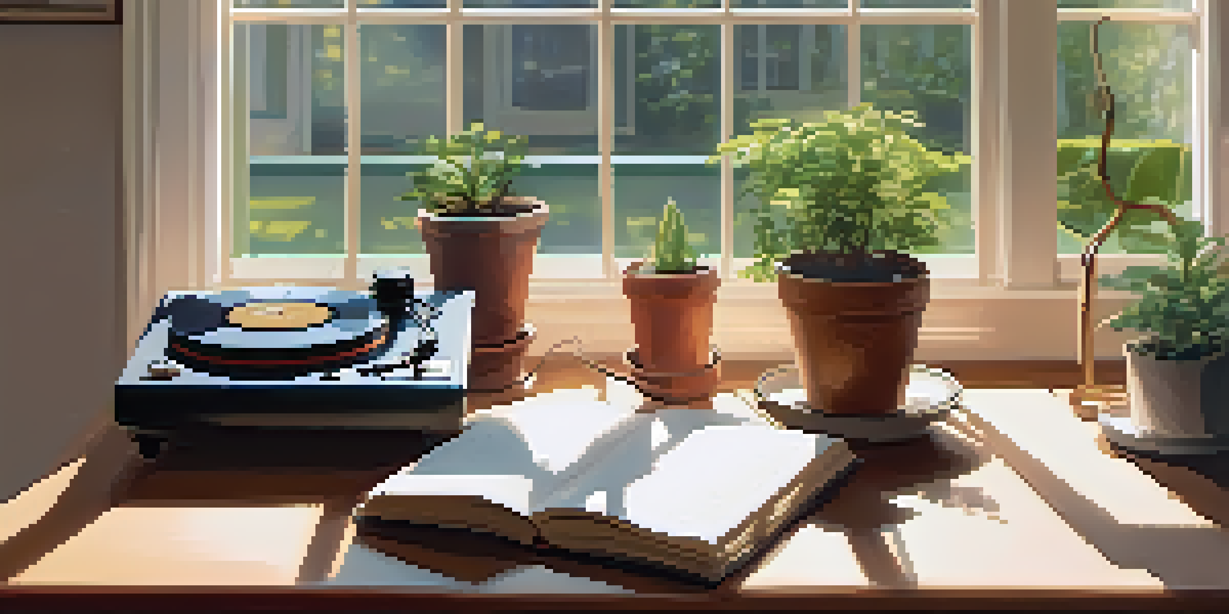A warm study space with a wooden desk, notebook, tea cup, and a record player, illuminated by sunlight and adorned with plants.