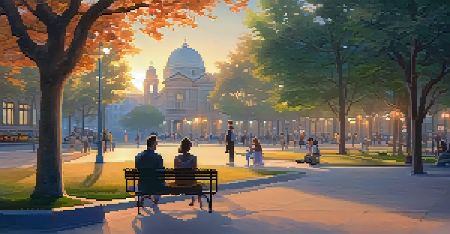 A peaceful city square at dusk with warm lights, featuring a couple listening to a street performer playing the guitar amid beautiful flower beds.