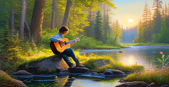 A peaceful forest at sunrise with a musician playing guitar by a stream surrounded by wildflowers.