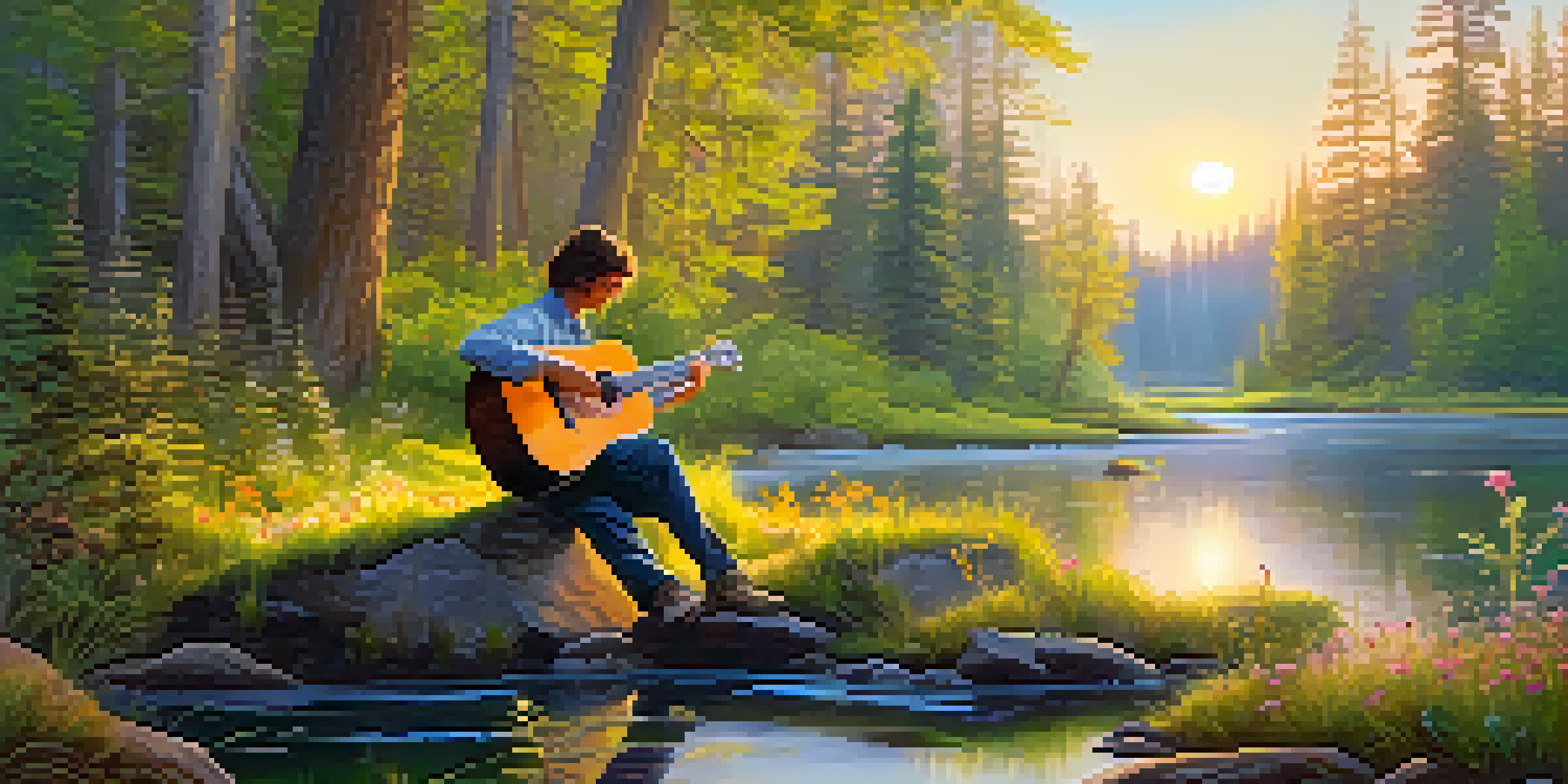 A peaceful forest at sunrise with a musician playing guitar by a stream surrounded by wildflowers.