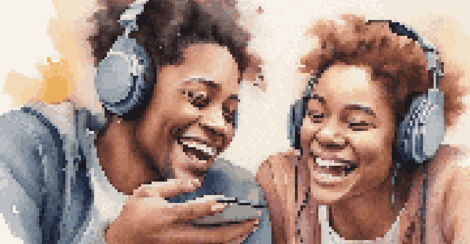 Two friends sharing headphones and enjoying music together, smiling and experiencing a joyful moment.