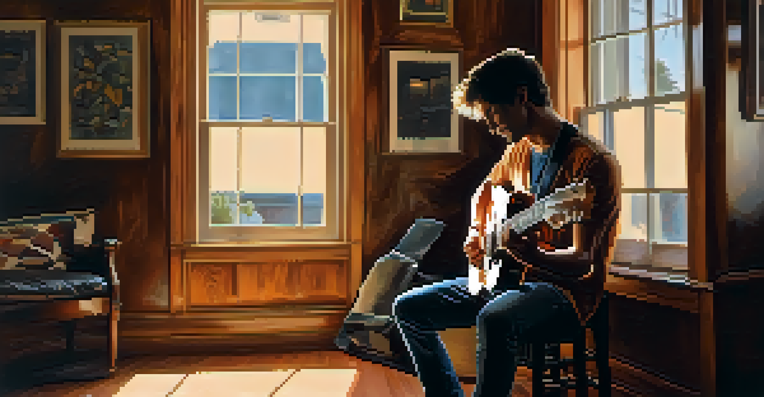 A guitarist practicing vibrato in a cozy room filled with warm wooden textures and soft sunlight, focusing on their electric guitar.