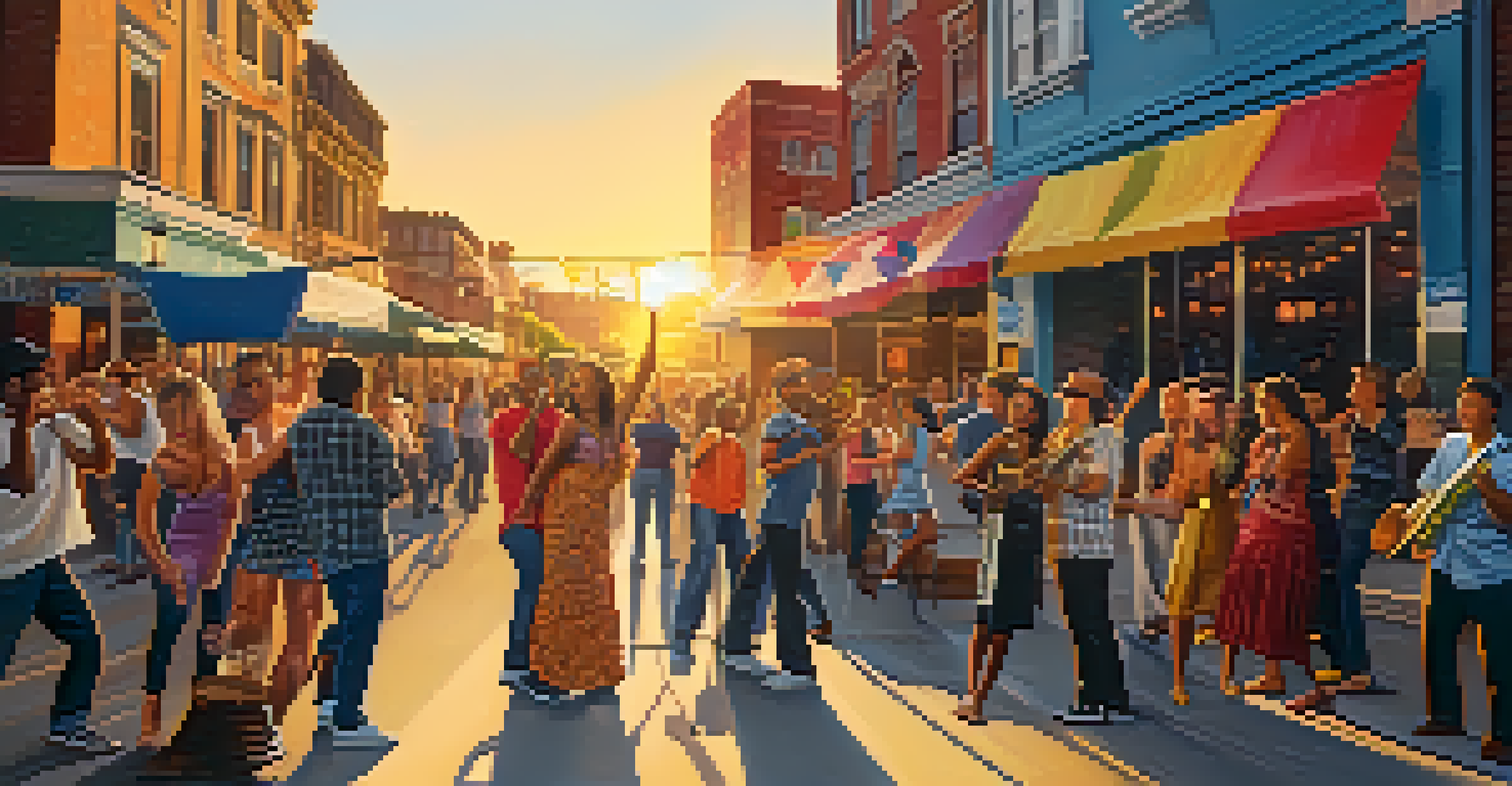 A lively street performance by independent musicians with an engaged audience, set during sunset.