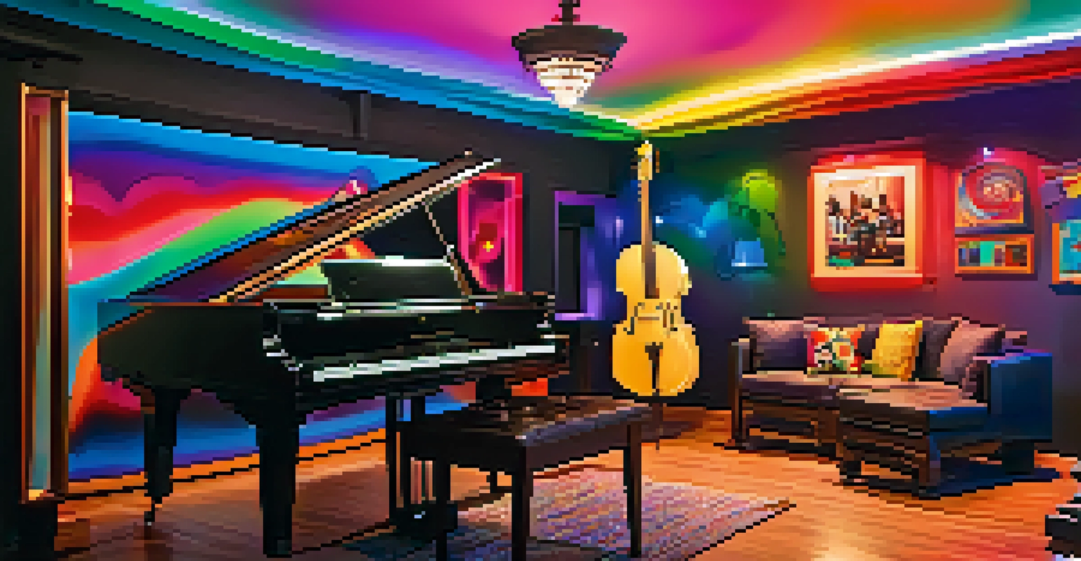 A lively music studio with instruments and colorful lights, depicting an atmosphere of creativity and emotion.