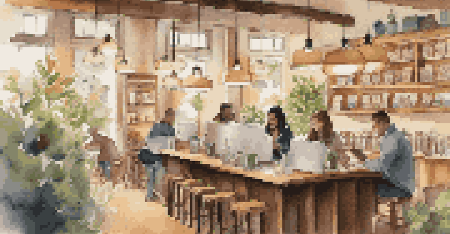Inside a cozy coffee shop with patrons focused on their laptops, warm lighting, and visual representations of soft music notes in the air.