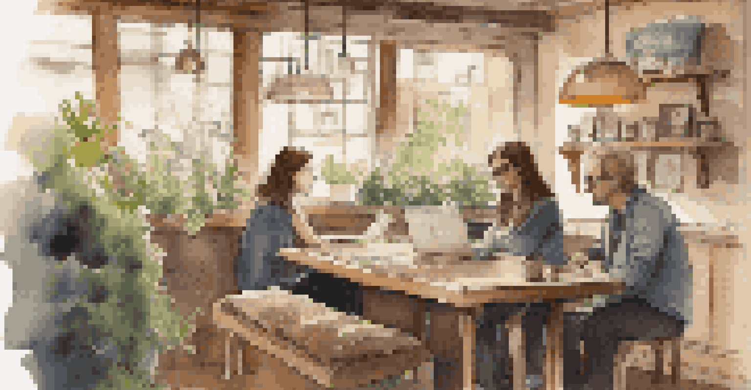 A music supervisor and a composer meeting in a cozy coffee shop, discussing music ideas over a laptop.