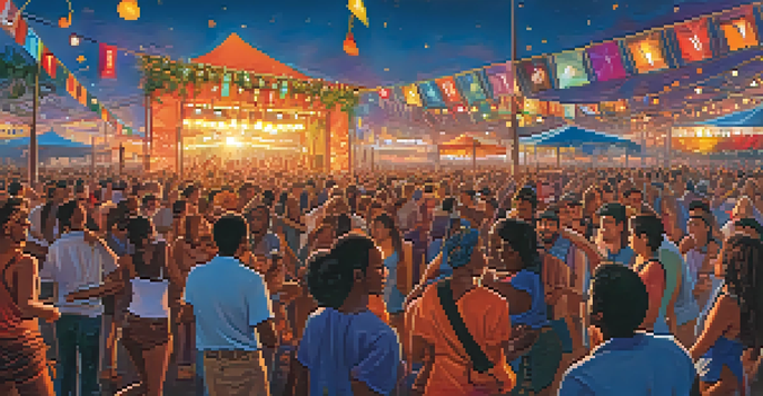 A lively music festival with a diverse crowd enjoying performances on stage under colorful lights during sunset.