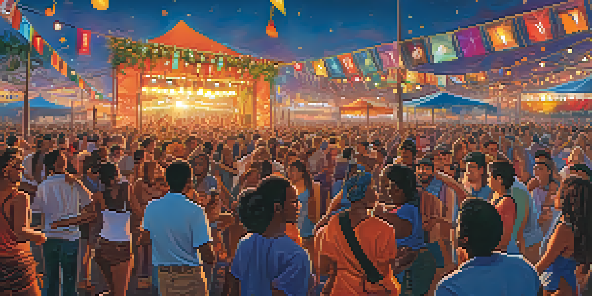 A lively music festival with a diverse crowd enjoying performances on stage under colorful lights during sunset.