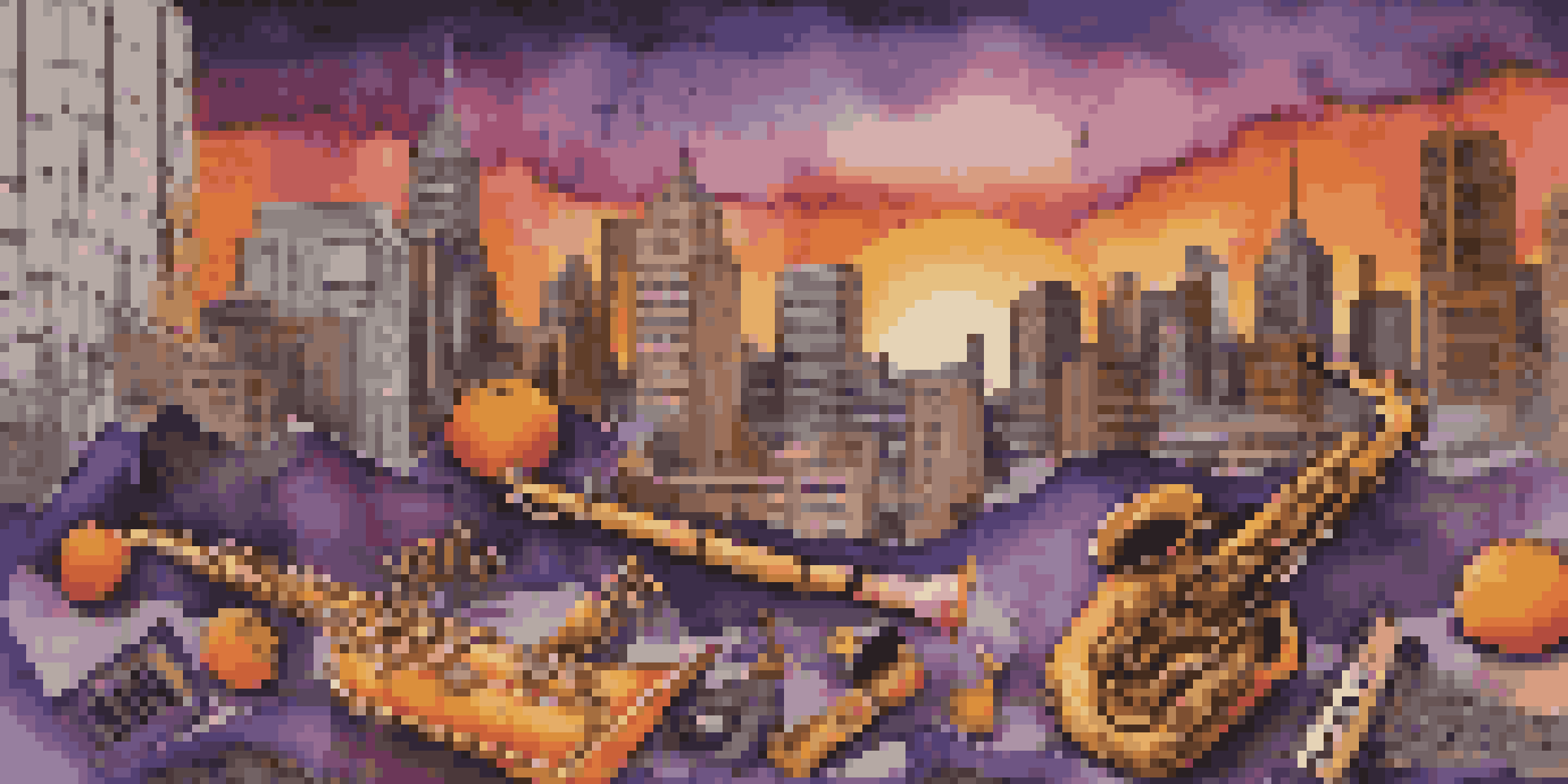 A colorful collage of musical instruments with sound waves over a sunset cityscape, representing genre-blending music.