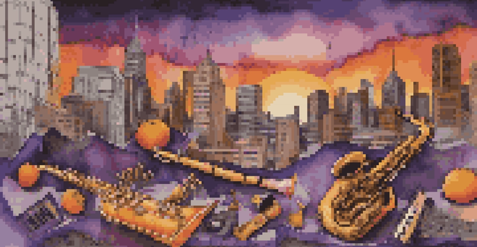 A colorful collage of musical instruments with sound waves over a sunset cityscape, representing genre-blending music.