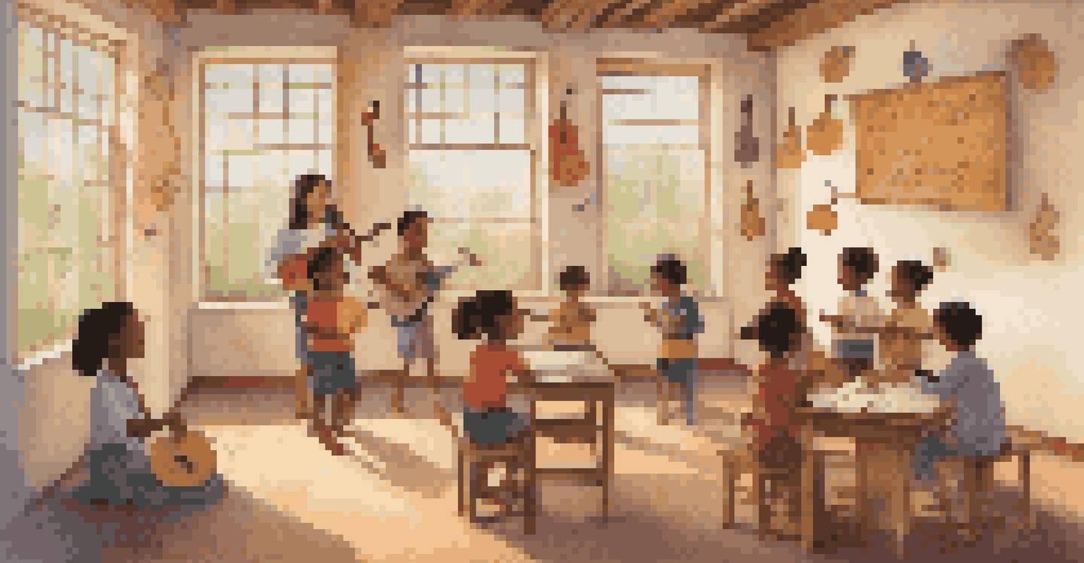 A classroom with children singing in their native dialects during a music lesson, surrounded by cultural decorations and a teacher playing a guitar.