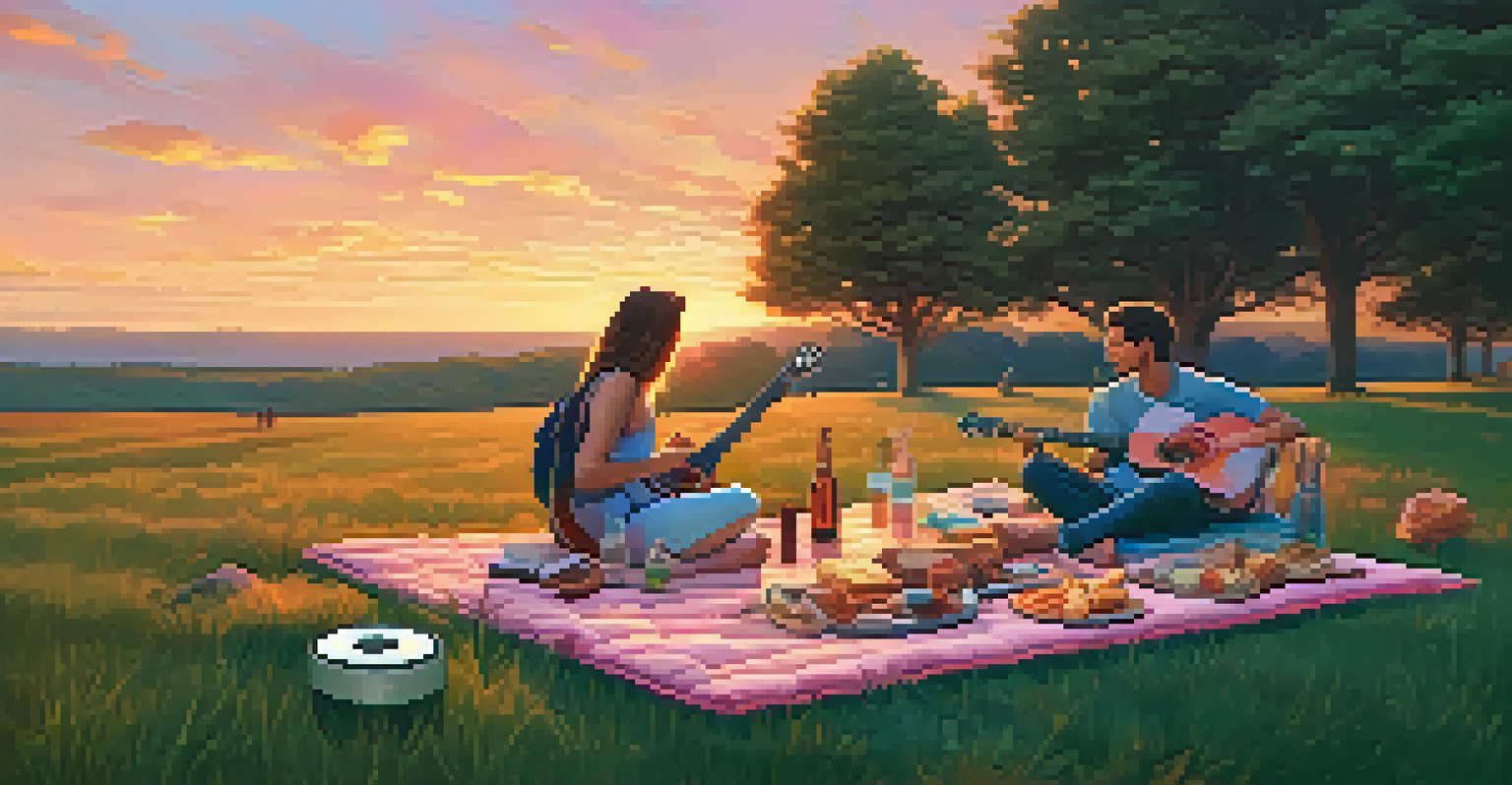 An outdoor picnic during sunset with a guitar, friends, and snacks, creating a nostalgic and joyful atmosphere.