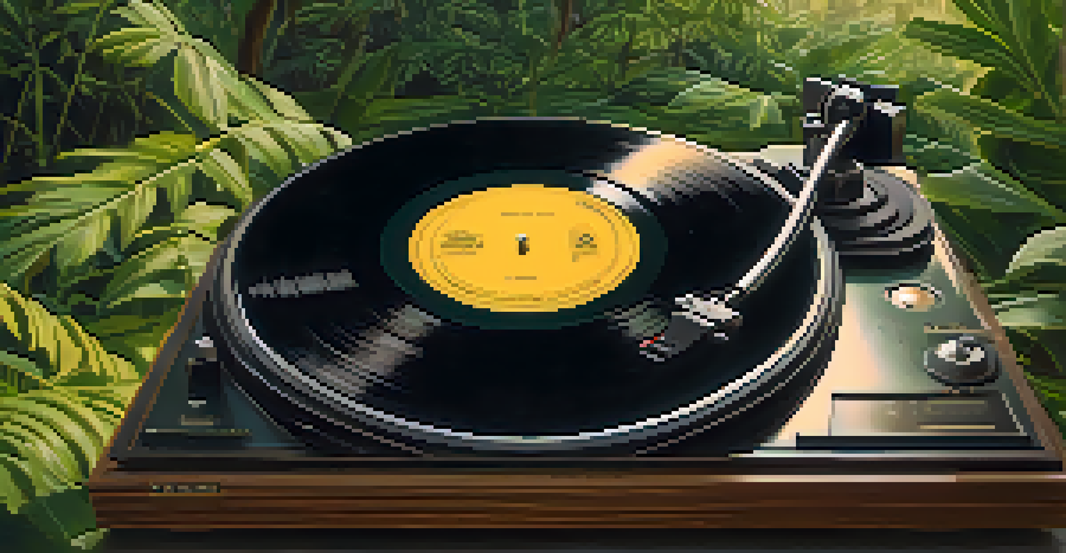 A vintage turntable playing a vinyl record surrounded by greenery and soft lighting, creating a cozy and nostalgic atmosphere.
