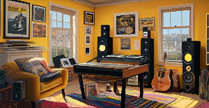 A home music studio with vinyl records, instruments, and warm lighting.