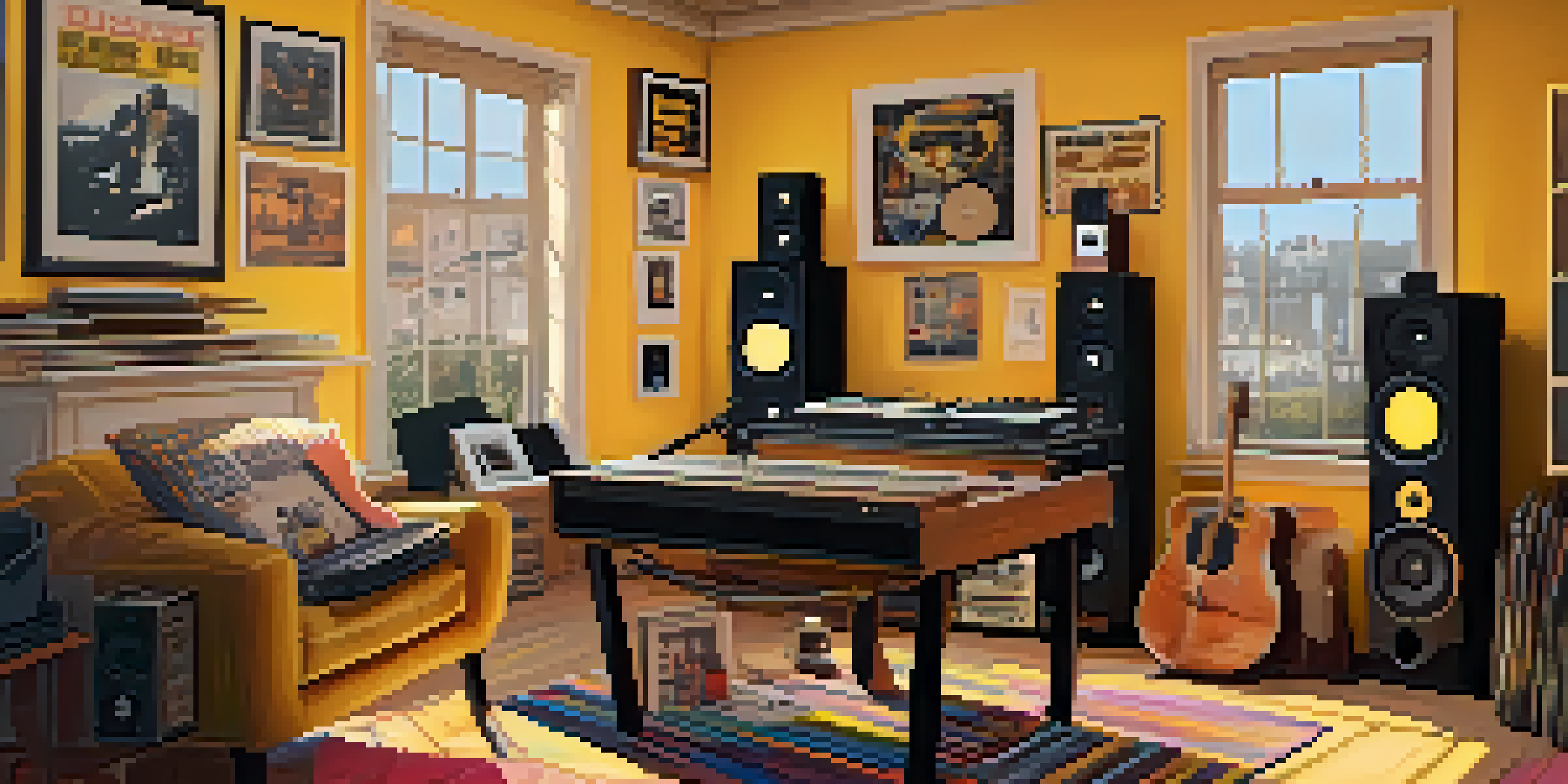 A home music studio with vinyl records, instruments, and warm lighting.