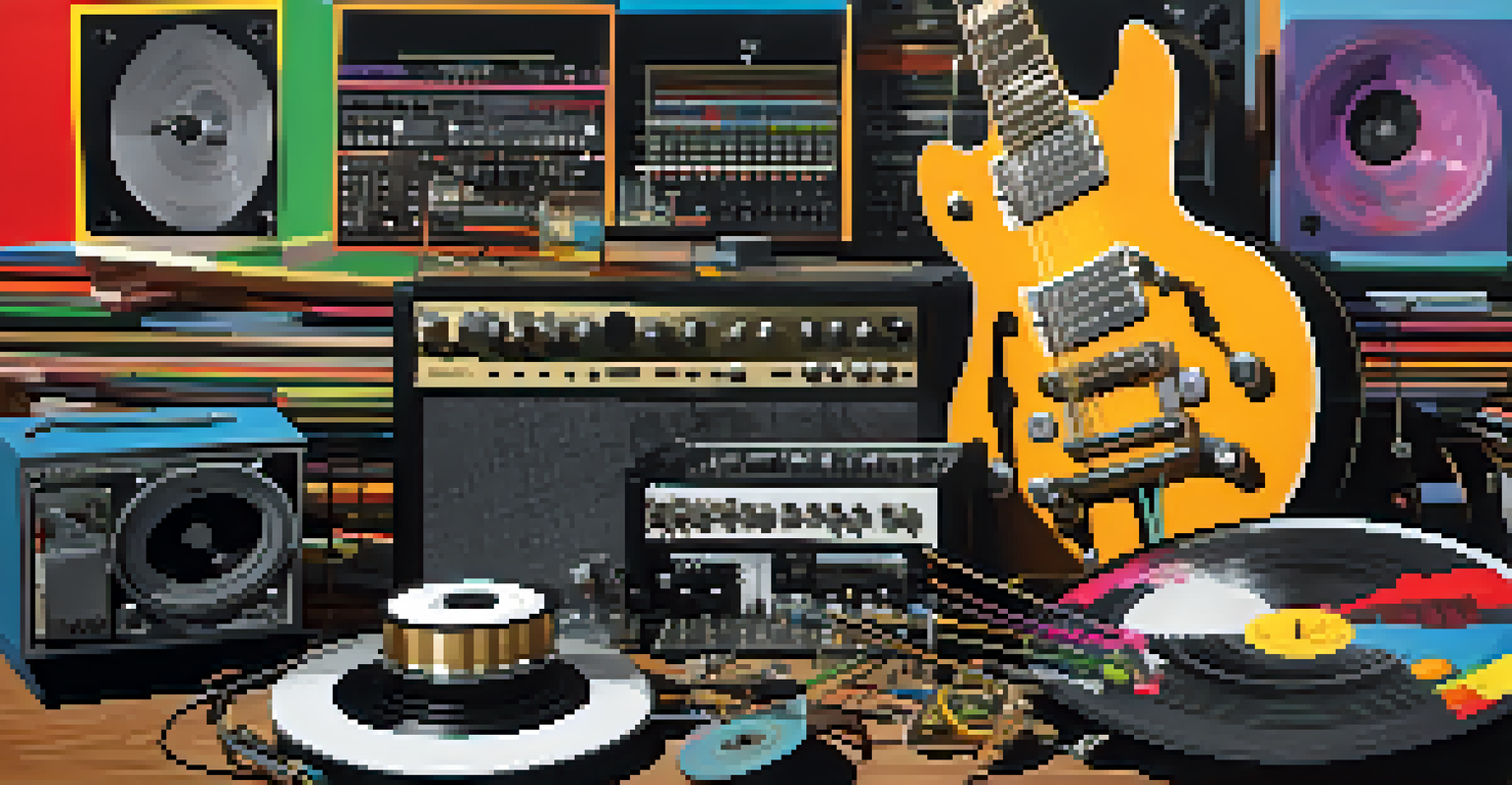 A colorful artistic collage representing the fusion of pop-punk, hip-hop, and electronic music with various instruments.