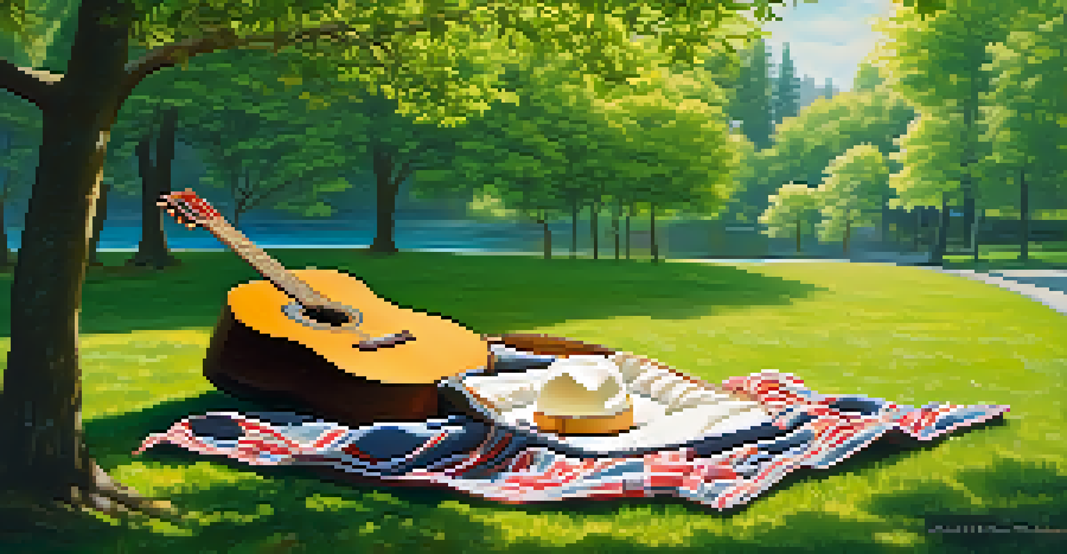 A peaceful park scene in spring with blooming flowers and sunlight, featuring an acoustic guitar on a picnic blanket, representing music and nature.