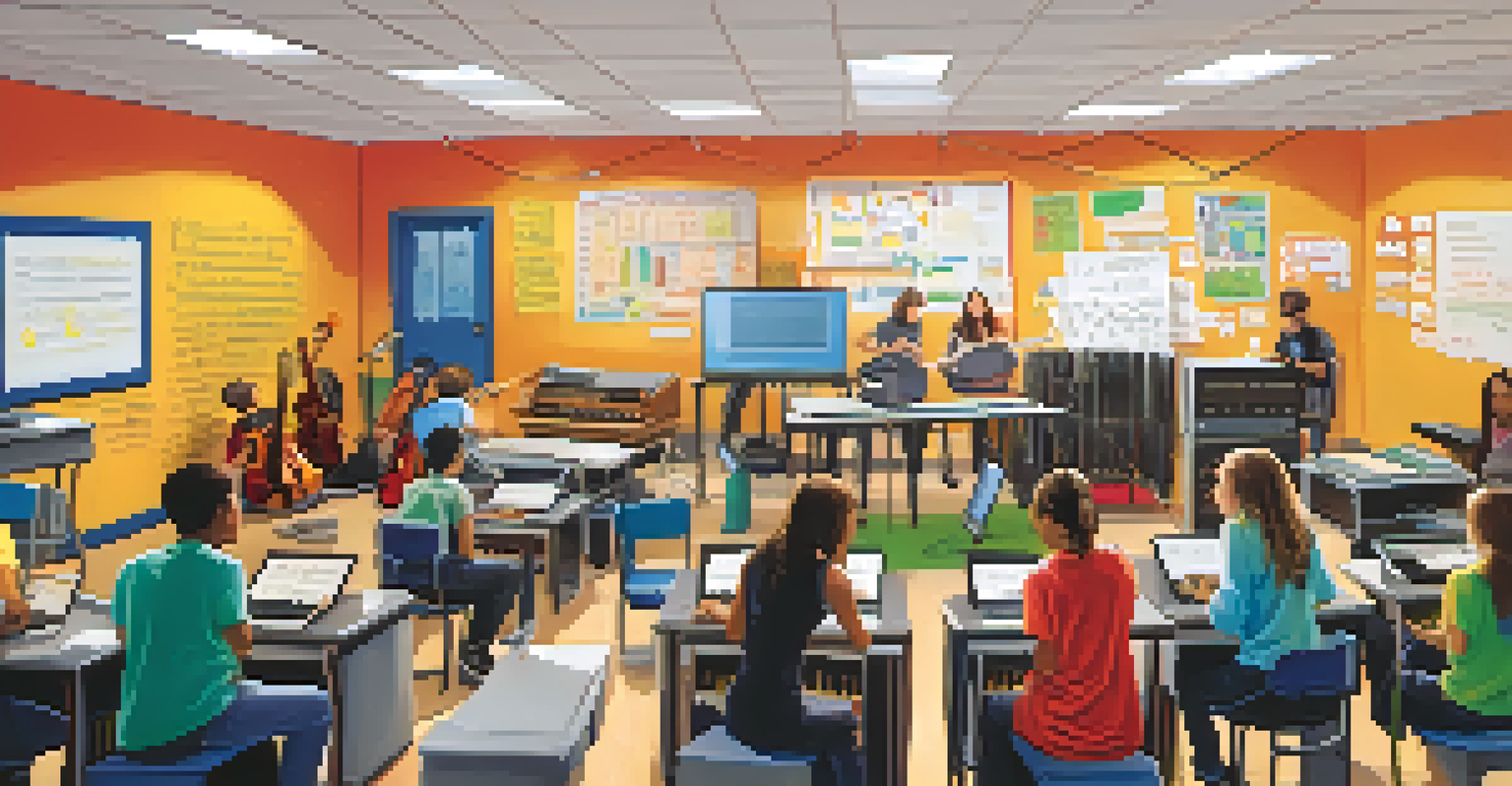 A classroom with students using laptops for interactive music notation, surrounded by musical instruments and educational materials.