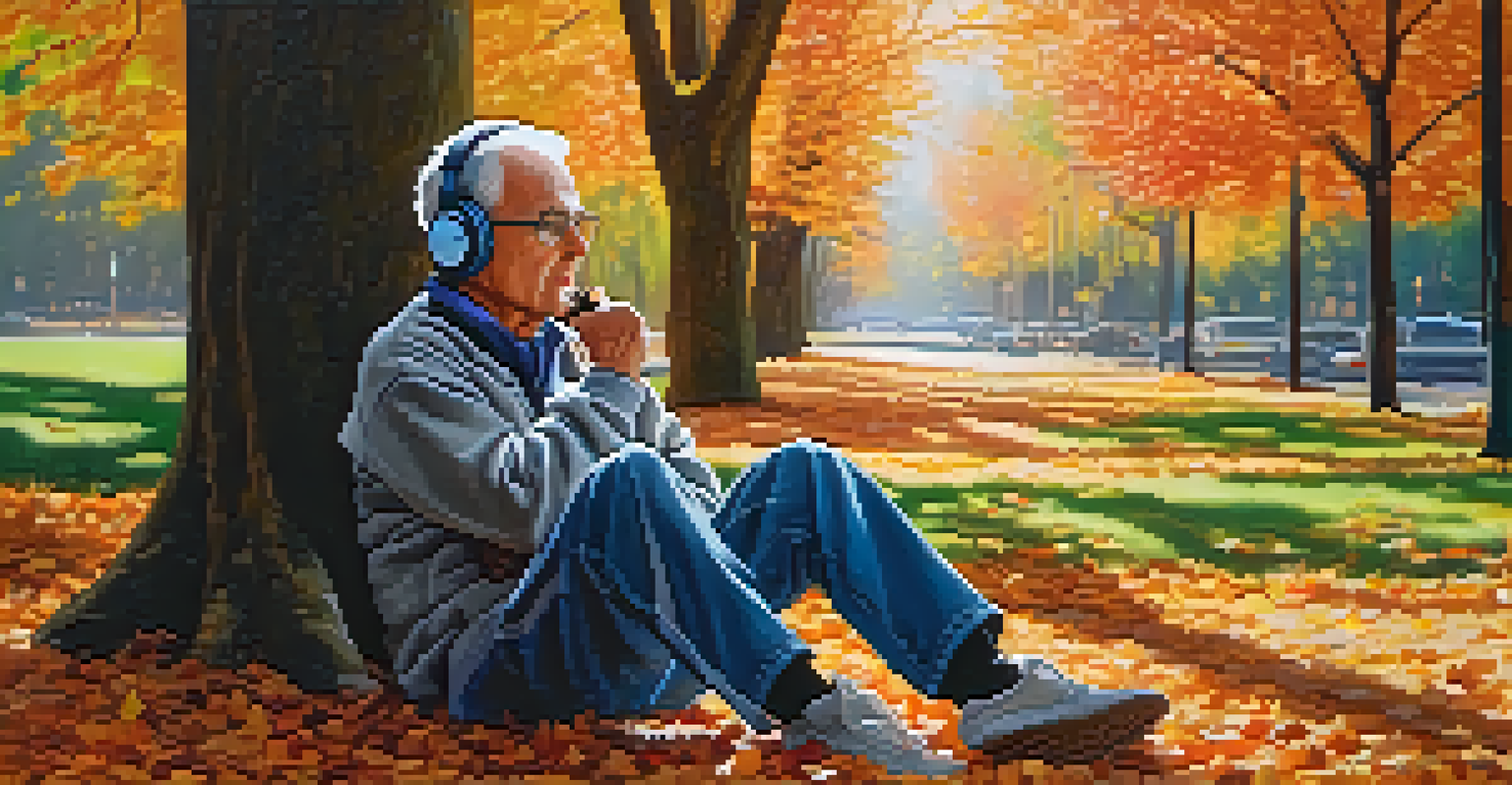 An elderly man in a park, wearing headphones and enjoying music while admiring the autumn trees, with sunlight filtering through the leaves.