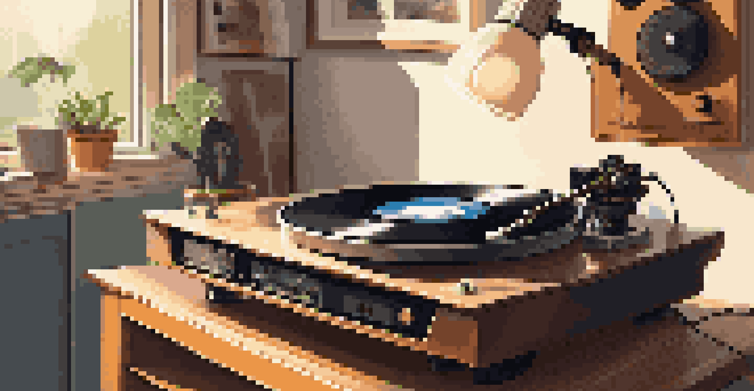 A vinyl record on a turntable in a home studio filled with musical instruments and posters.