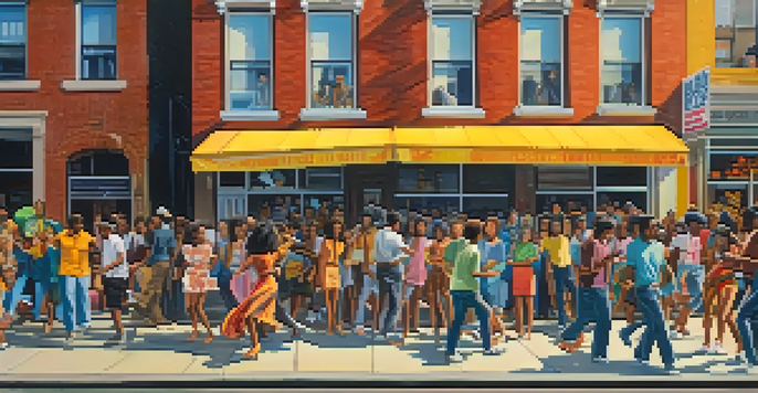 A lively block party in the South Bronx during the 1970s with a DJ, dancers, and colorful graffiti.