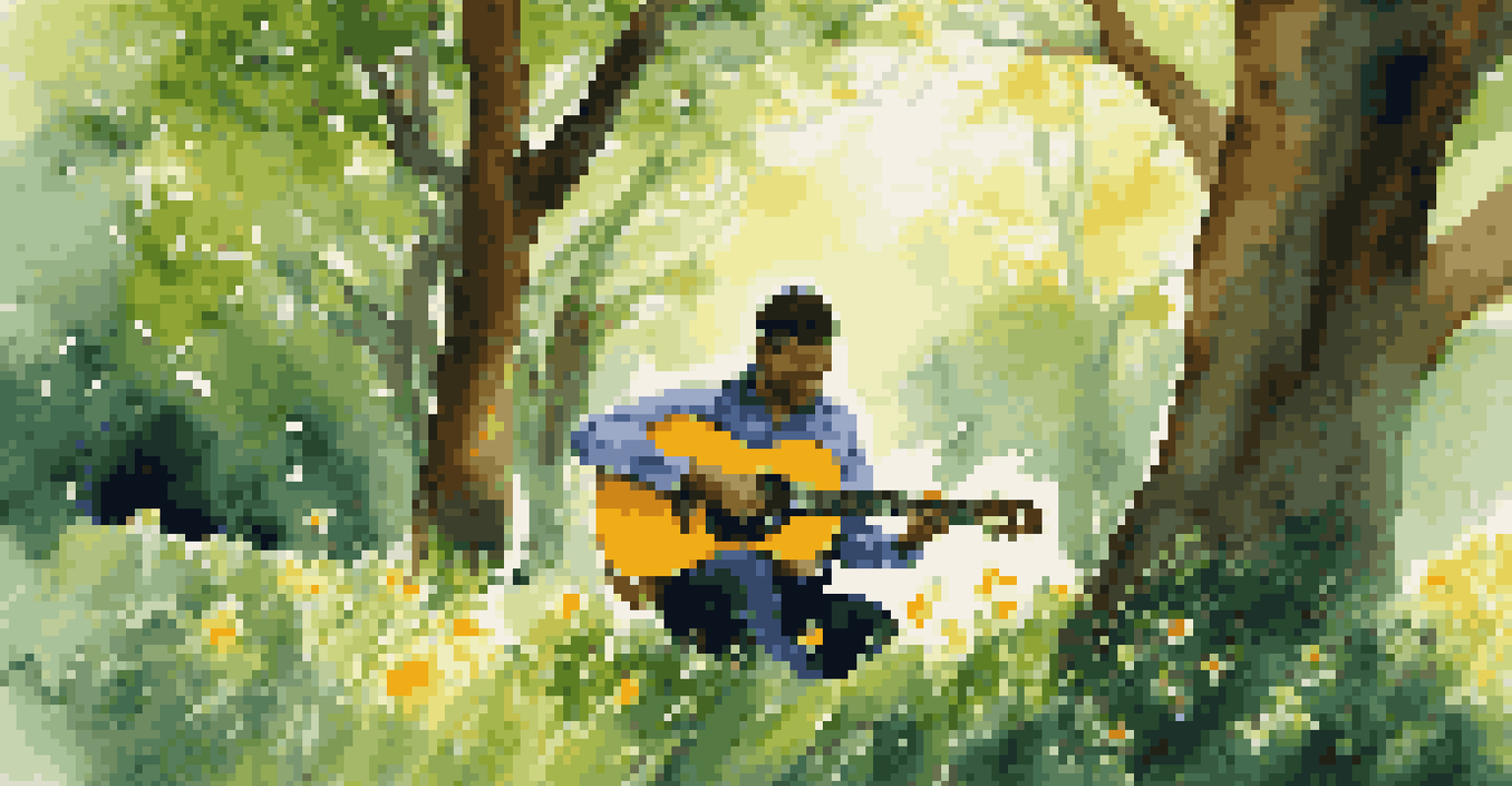 A musician playing an acoustic guitar in a green park, with sunlight filtering through trees and flowers around.