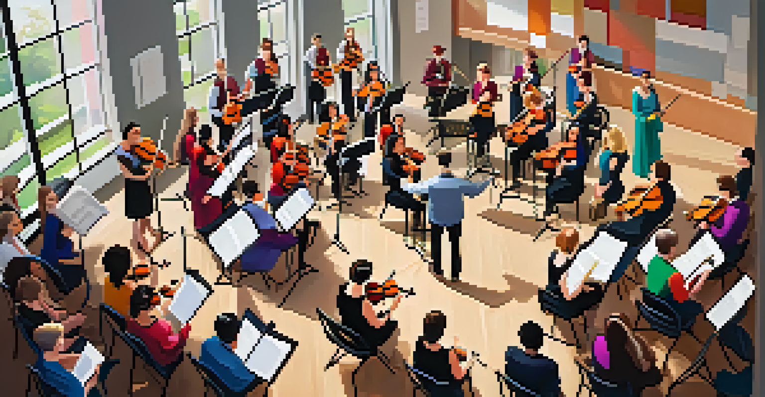 An overhead view of a choir rehearsal in a modern studio, with natural light and colorful outfits.