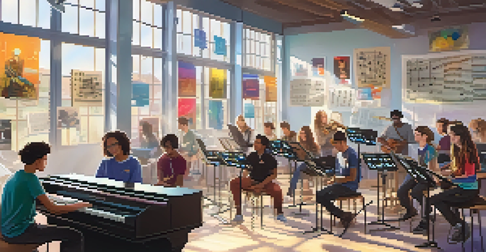 A colorful music classroom with students using digital instruments and collaborating on music projects under bright sunlight.