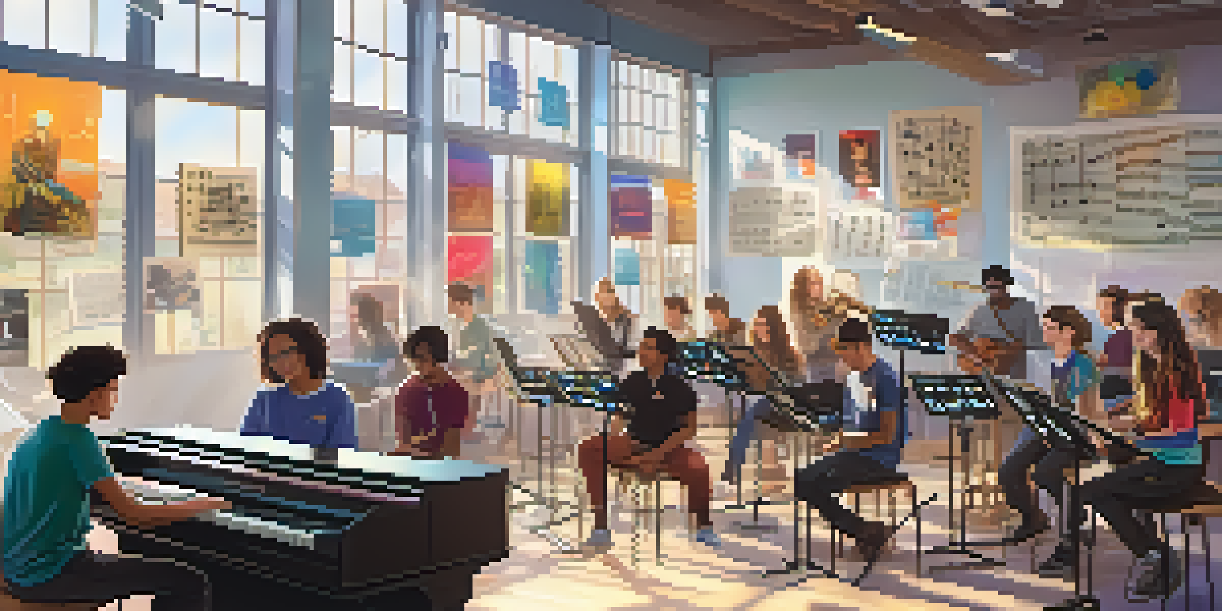 A colorful music classroom with students using digital instruments and collaborating on music projects under bright sunlight.