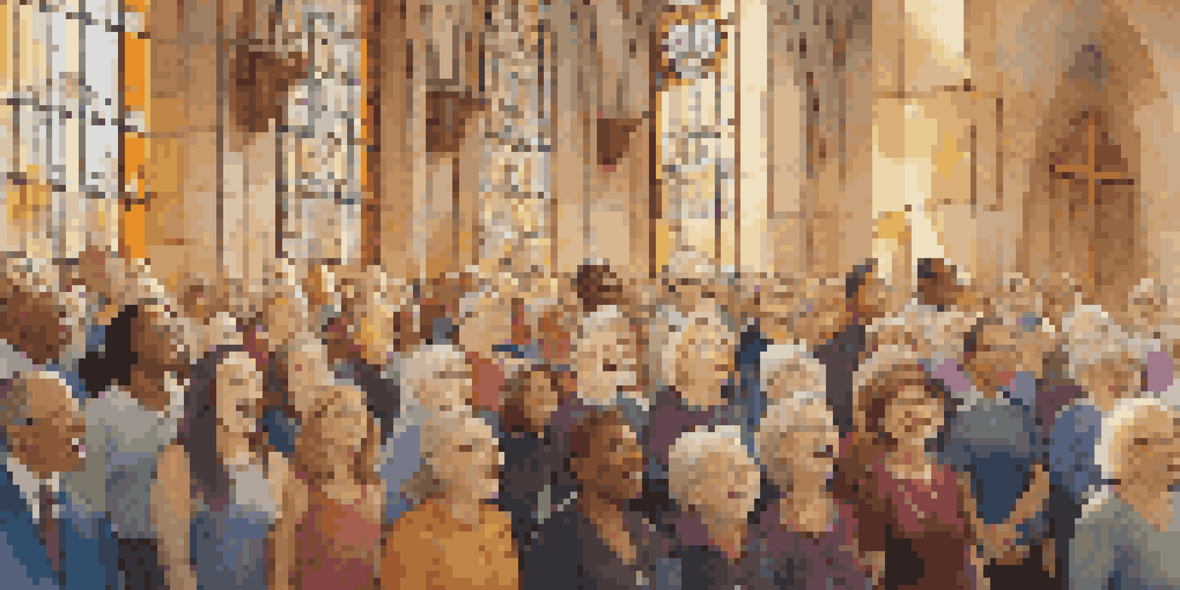 A diverse group of choir members singing in a sunlit church hall, with stained glass windows casting colorful light.
