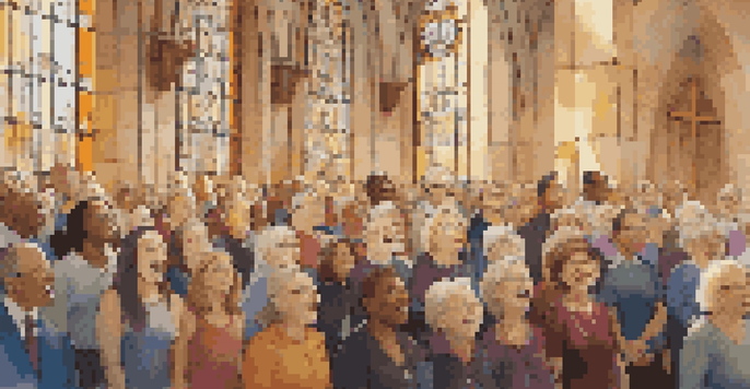 A diverse group of choir members singing in a sunlit church hall, with stained glass windows casting colorful light.