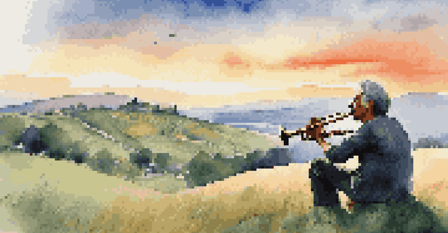 A musician playing the lira on a grassy hill with a serene Balkan landscape and a sunset sky in the background.
