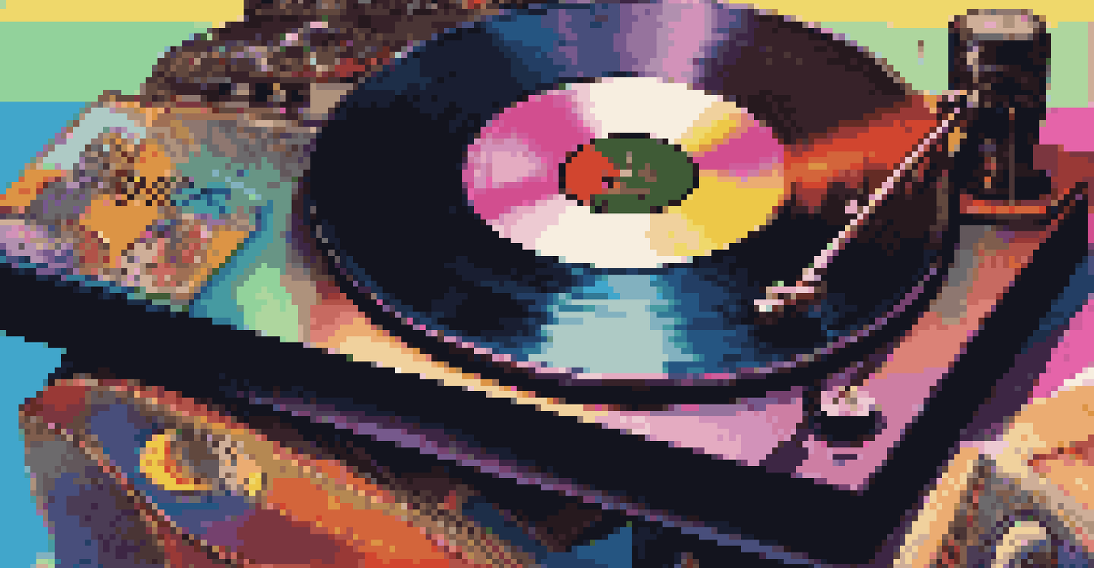 A close-up of a spinning vinyl record with festival memorabilia surrounding it, highlighting the connection between music and film.