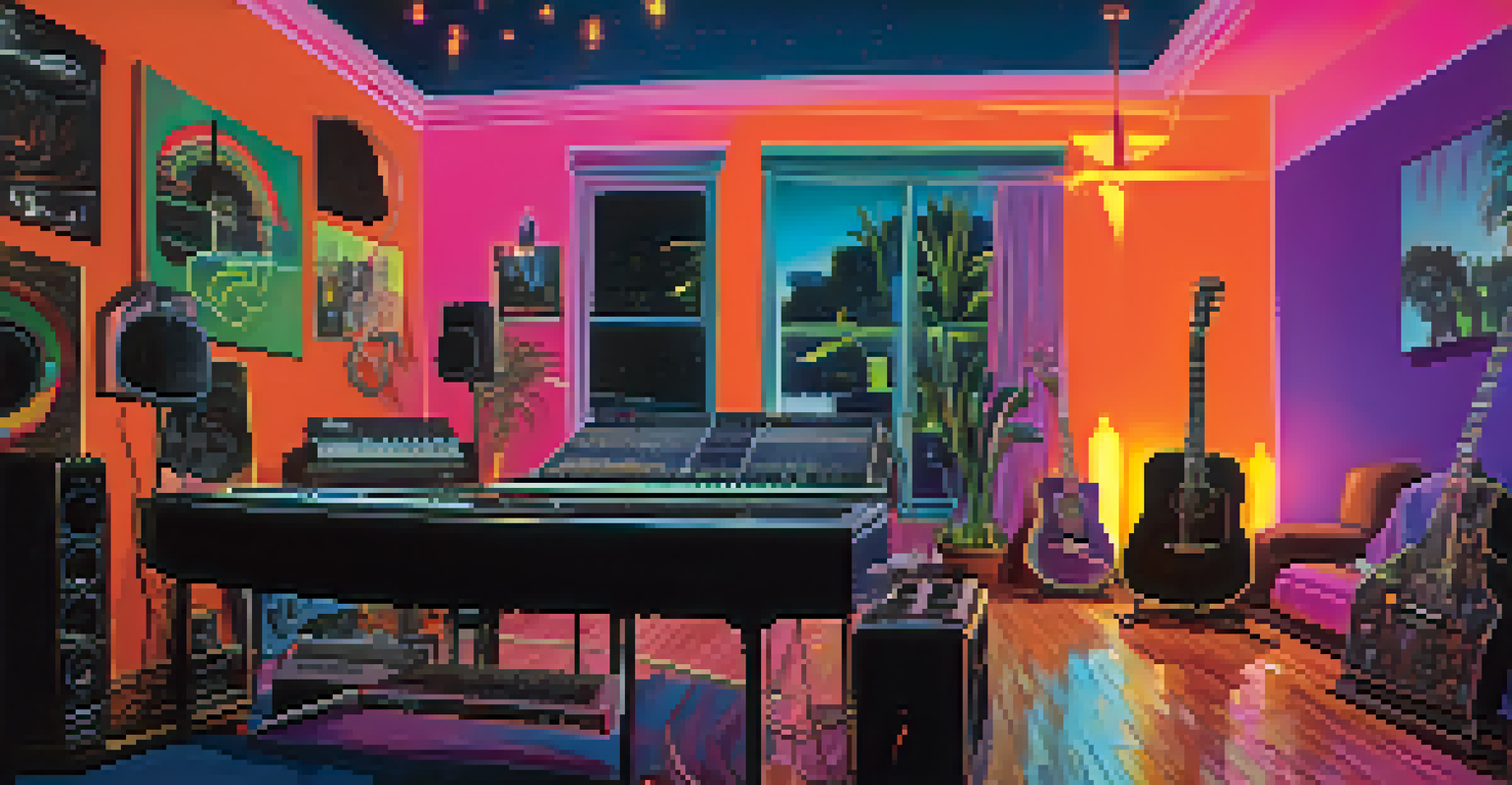 A split image featuring an acoustic music setup on one side and an electric music setup on the other, highlighting the contrast between the two styles.