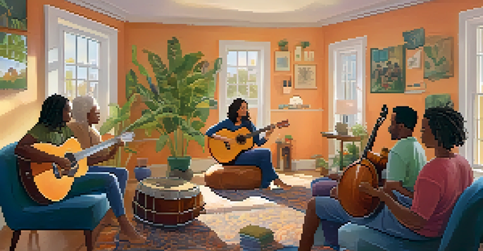 A diverse group of people participating in a music therapy session, surrounded by various musical instruments in a cozy, warmly lit room.