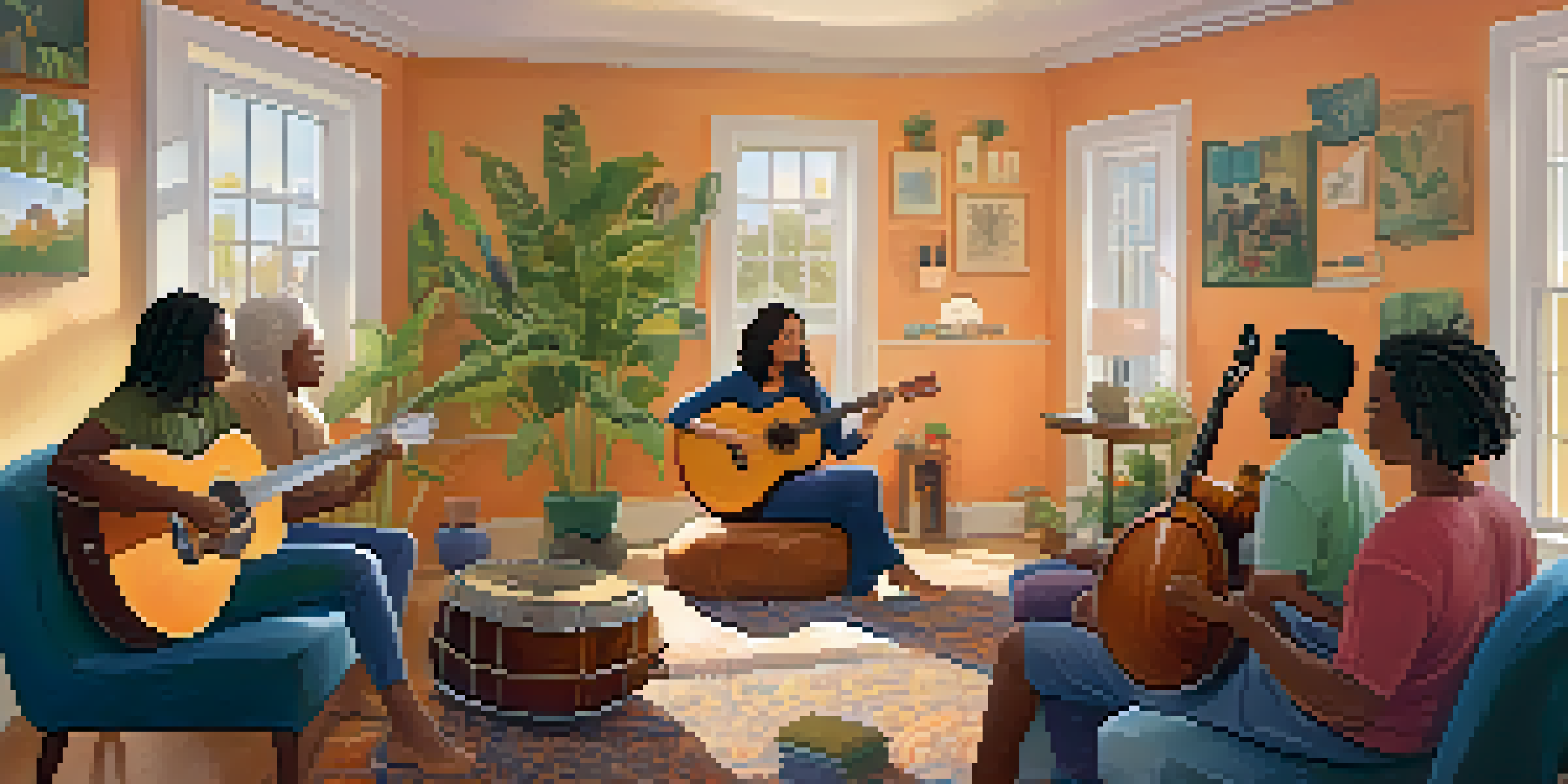 A diverse group of people participating in a music therapy session, surrounded by various musical instruments in a cozy, warmly lit room.