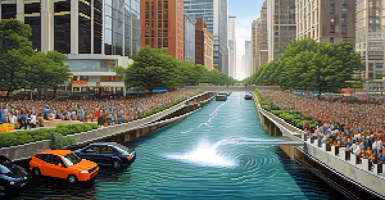 A split image showing a peaceful natural scene on one side and a lively urban landscape on the other, representing the blend of soundscapes.