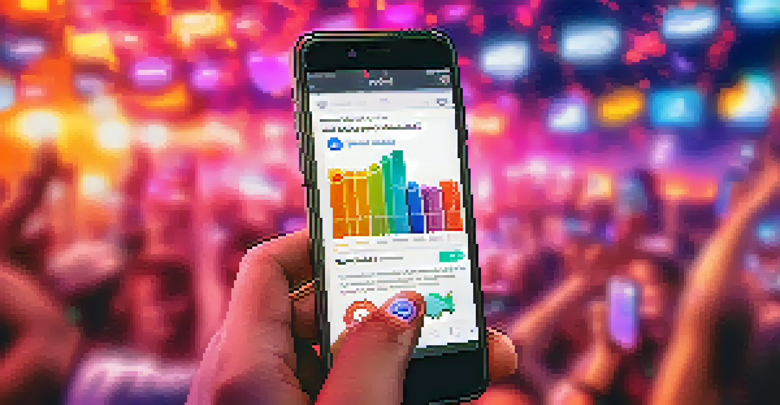 A close-up of a hand holding a smartphone showing social media engagement metrics against a blurred background of musical notes.