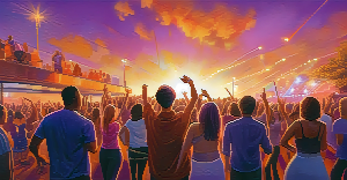 A lively outdoor concert at sunset with people dancing and musicians performing on stage, surrounded by colorful lights and a vibrant sky.