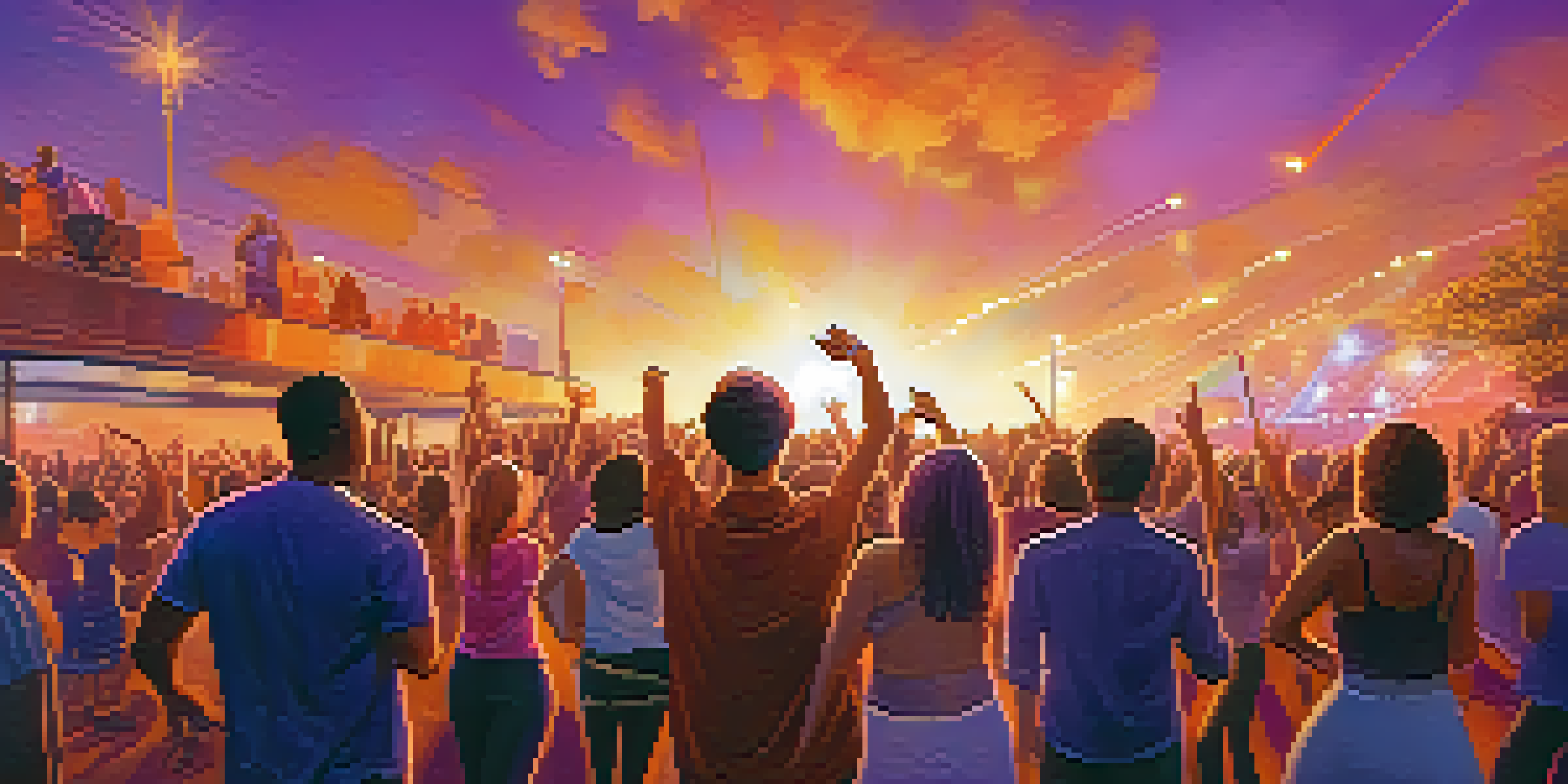A lively outdoor concert at sunset with people dancing and musicians performing on stage, surrounded by colorful lights and a vibrant sky.