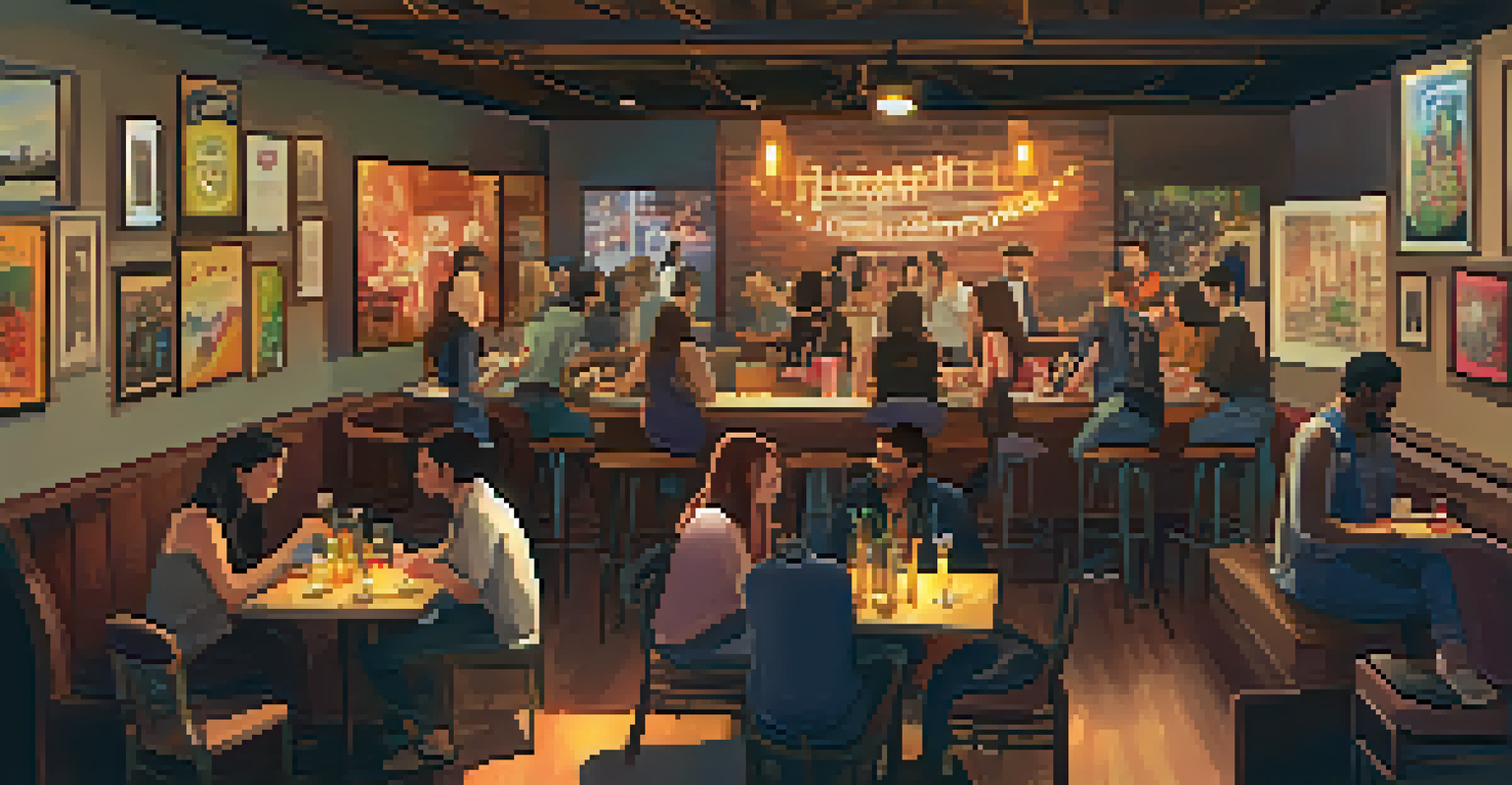 A cozy music venue with modular seating, art installations, and patrons socializing in a warm-lit environment.