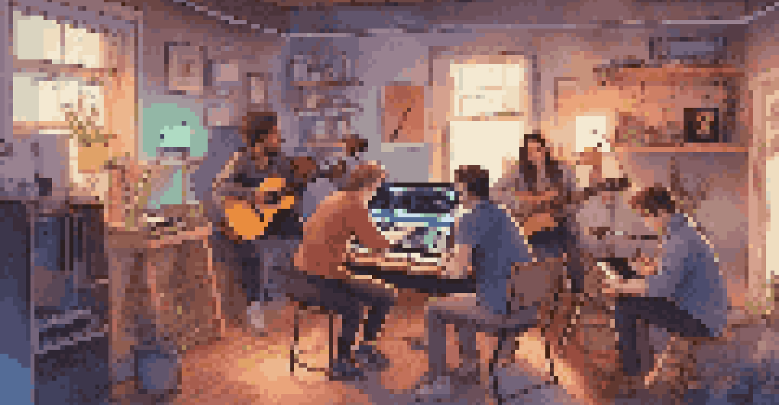 Students collaborating in a home studio, using technology to create music together, surrounded by instruments and notes.