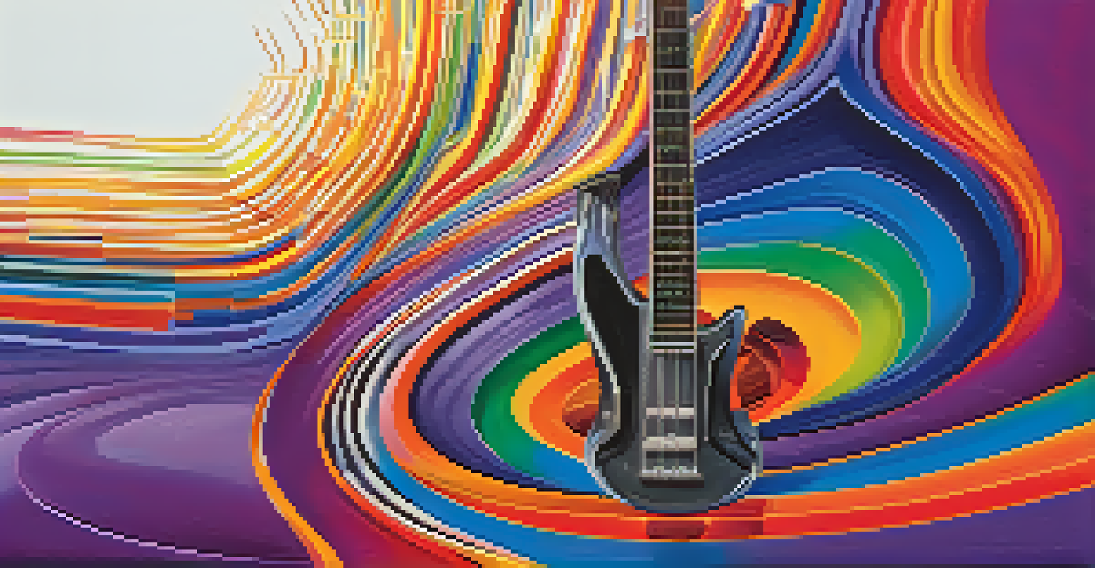 Colorful sound waves swirling from a central point against a deep blue and purple gradient background.