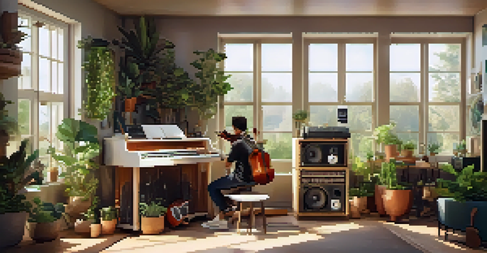 A musician in a bright home studio, working on a laptop with eco-friendly instruments around, surrounded by plants and natural light.