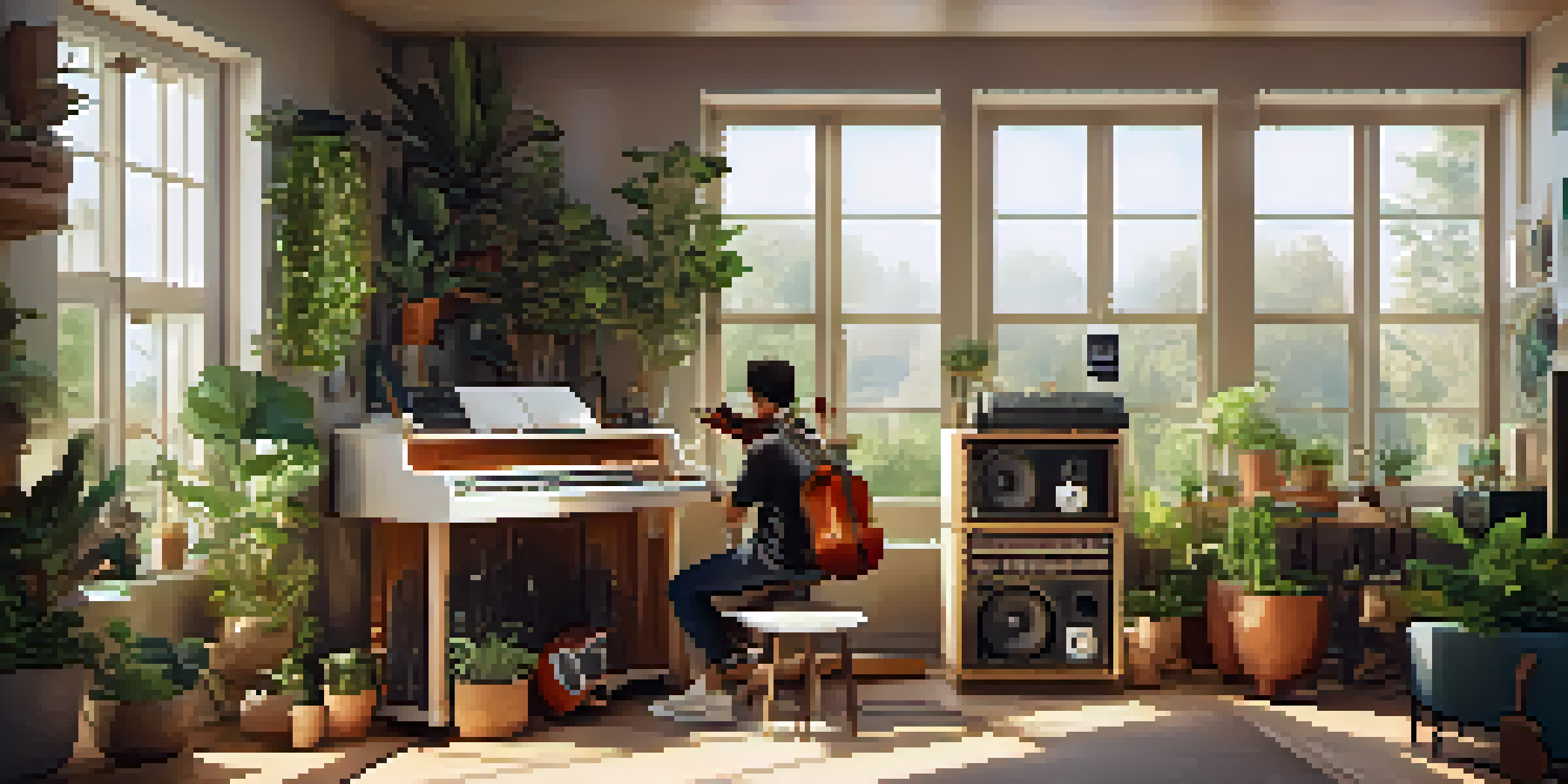 A musician in a bright home studio, working on a laptop with eco-friendly instruments around, surrounded by plants and natural light.