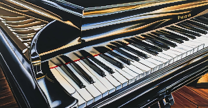 A close-up view of a piano keyboard with black and white keys, reflecting light and featuring blurred sheet music in the background.