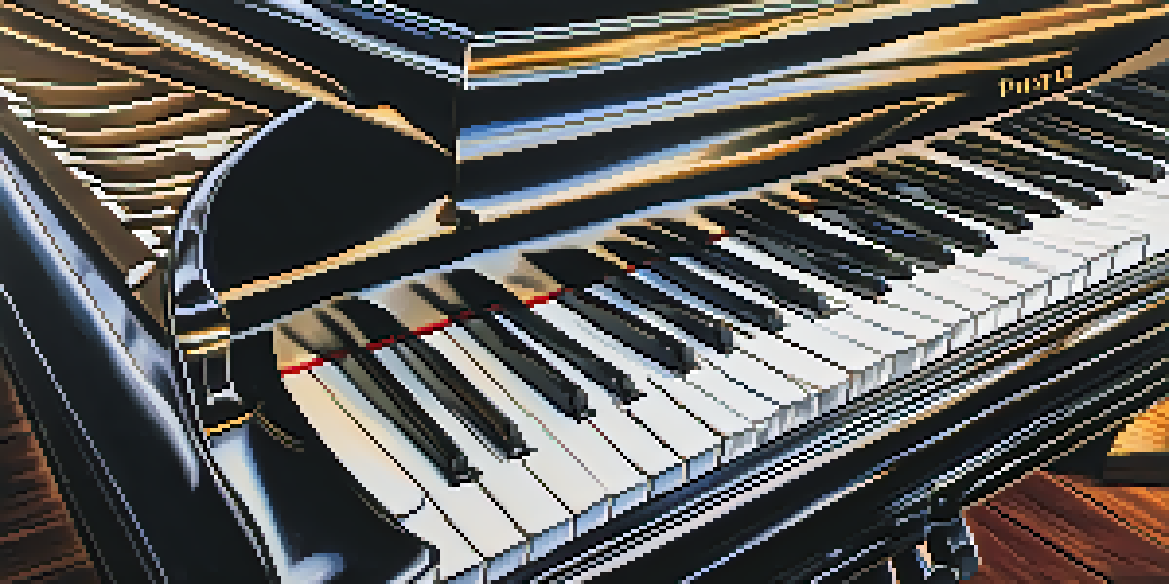 A close-up view of a piano keyboard with black and white keys, reflecting light and featuring blurred sheet music in the background.