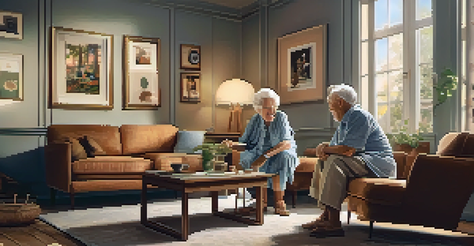 An elderly couple smiling and enjoying music in a cozy living room filled with warm light and nostalgic decor.
